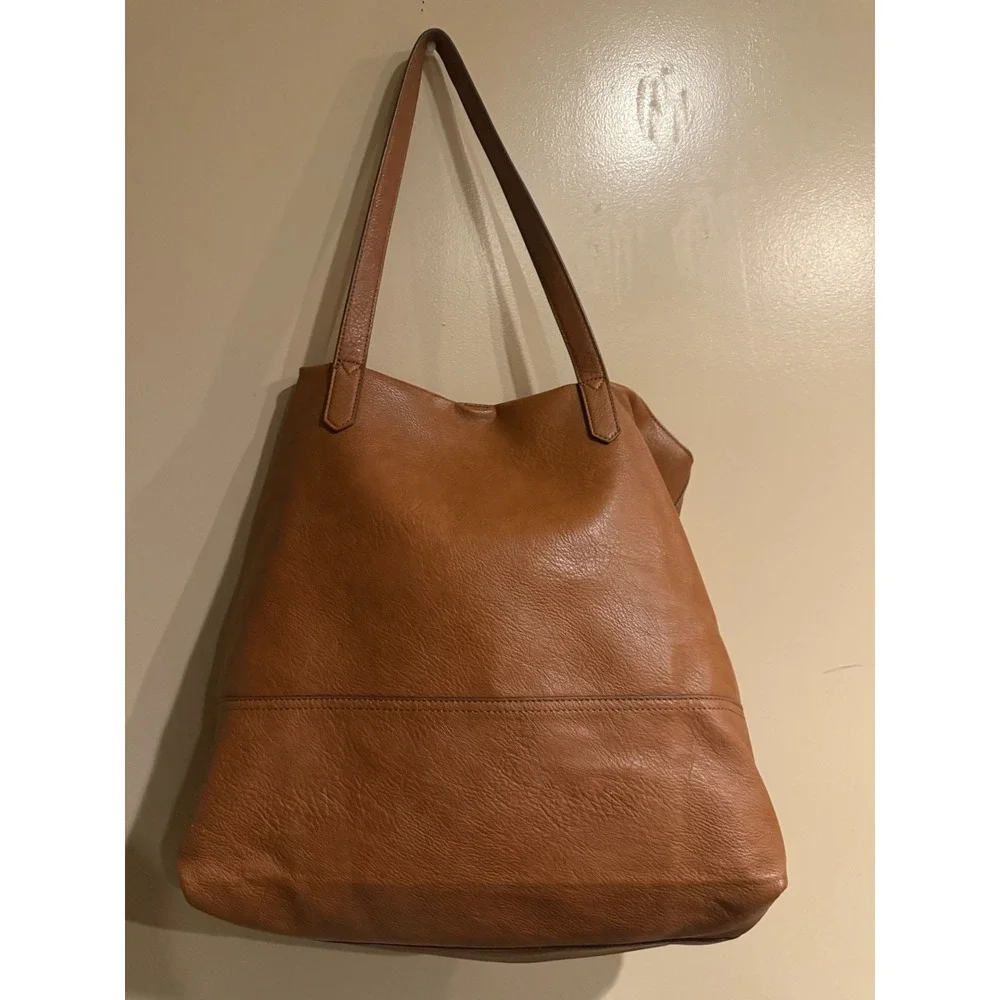 Overbrooke Brown Large Leather Tote Charm Stitching Accent Inner Pocket Tassel